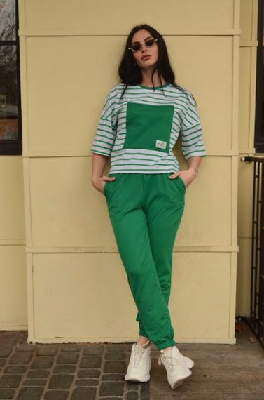 Женский летний споривный костюм штаны и футболка в полоску  GF1712 цвет зеленый размер 50/52 | Зображення 1