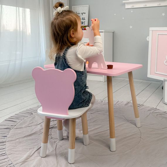 Дитячий  прямокутний стіл і стільчик ведмежа з білим сидінням. Столик рожевий дитячий | Зображення 3