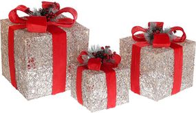 Набір декоративних подарунків - 3 коробки 15см, 20см, 25см з LED-підсвіткою, шампань з червоним бантом КОПІЯ