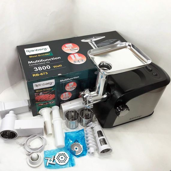 Електрична м'ясорубка Rainberg RB-673 із соковижималкою та шатківницею 9 насадок 3000W з реверсом | Зображення 7