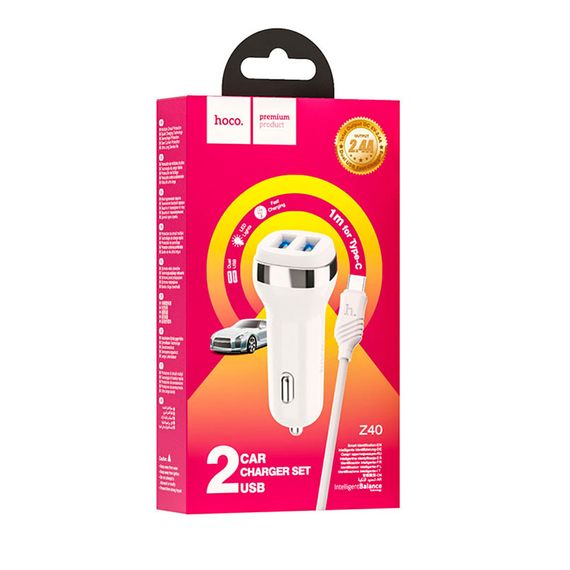 Набір АЗУ 12-24V HOCO Z40 + кабель Type-C, 2xUSB, 2.4A, кабель 1м, White, Box | Зображення 1