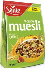 Мюсли  цельнозерновые Sante Muesli, 350г, с кусочками тропических фруктов, мюсли с орехами, кранчи