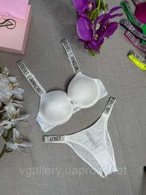 Комплект Victoria`s Secret зі стразами Бразиліана Вікторія Сікрет, Жіночий білий комплект зі стрінгами та мереживом
