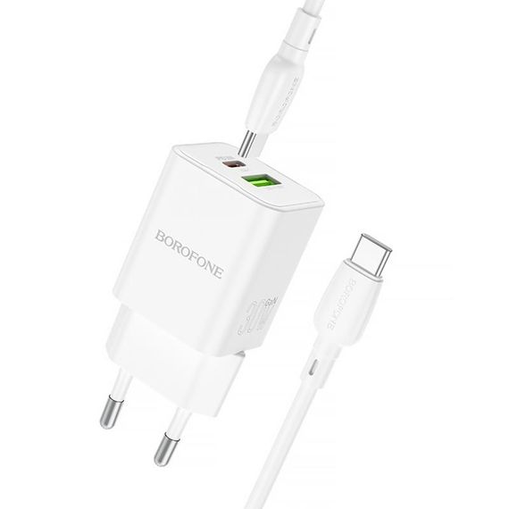 МЗП Borofone BN14 Royal PD30W+QC3.0 (1USB-A/1C) + кабель Type-C to Type-C White | Зображення 1