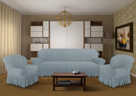 Жакардовий чохол на диван + 2 крісла з спідницею М'ятний