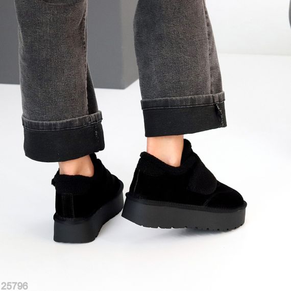 Молодежные черные угги автоледи натуралки с мехом тедди на липучке | Зображення 5