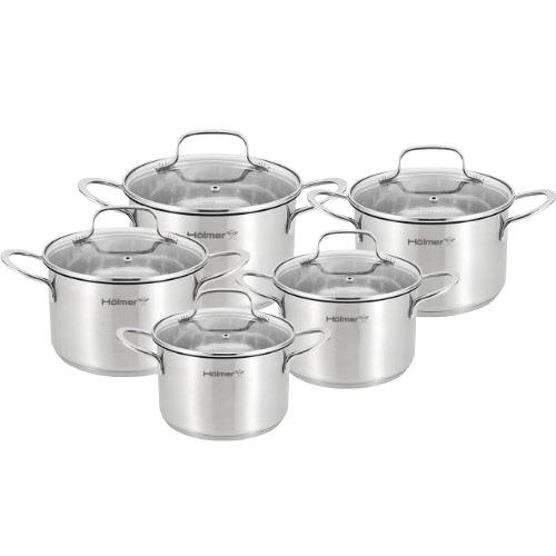 Набір каструль 10 предметів (каструлі 1,7/2/2,8/3,8/5л) нержавіюча сталь 7-шарове дно CS-41051-SS Elegance