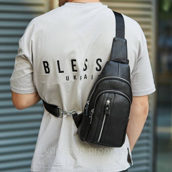 Сумка-слинг мужская на одно плечо 18х32х7, нагрудной рюкзак из натуральной кожи 74521 черный | Зображення 3