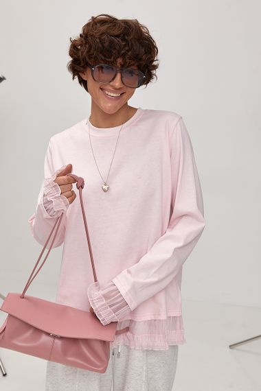 Вільний лонгслів з рюшами - пудра цвет, ONE SIZE (є розміри) | Зображення 4