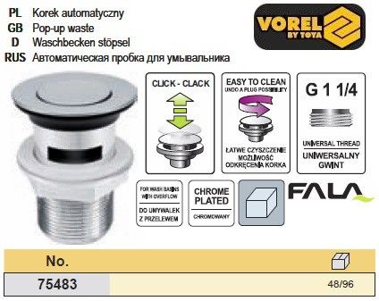 Пробка автомат раковини з переливом G5/4" VOREL-75483