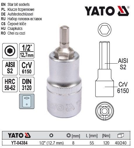 Головка торцева вставка 6 гранна HEX 1/2" М8х55 мм Польща YATO YT-04384 | Зображення 1