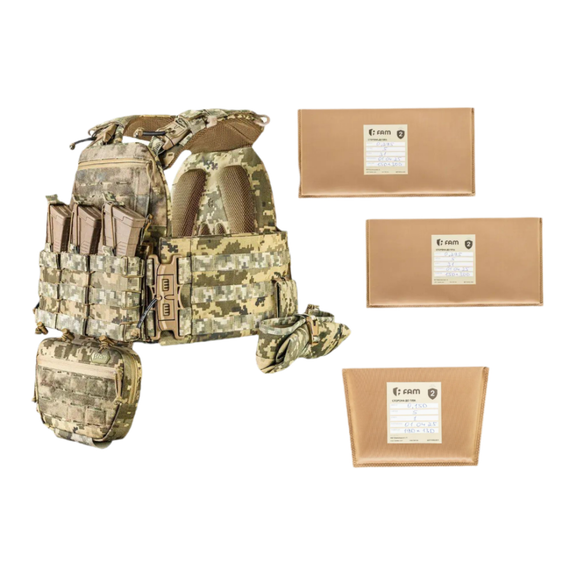 Комплект тактичного жилета М7 PRO GEN.2 15×30 та захисні пакети 2 рівня + 7 підсумків Піксель ММ14