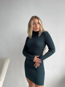 Женское вязаное платье-гольф в обтяжку теплое NO6599 размер единый 42-50 цвет темно-зеленый