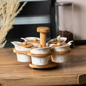 Набор для сыпучих продуктов 5 банок по 120 на бамбуковой подставке белый
