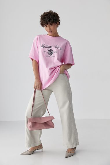 Оверсайз футболка з вишитими написами - рожевий цвет, ONE SIZE (є розміри) | Зображення 2