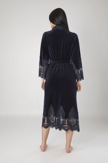 Жіночий халат Nusa 0383 довгий, велюровий з мереживом, темно-синій M | Зображення 1