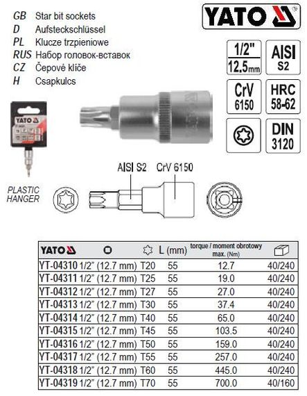 Головка торцевая вставка TORX 1/2" Т70х55 мм Польша YATO YT-04319