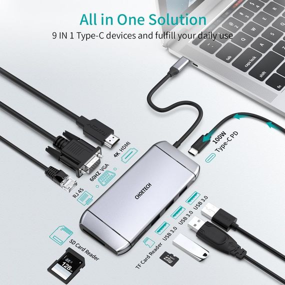 Адаптер Choetech HUB-M15-GY, USB Type-C 9-в-1 | Зображення 2
