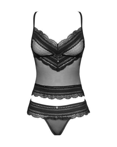 Напівпрозорий набір з прикрасами Obsessive Ivannes top & thong S/M, чорний, топ та танга | Зображення 4