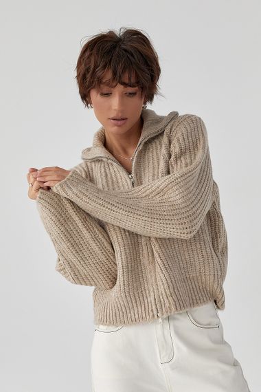 Кардиган на блискавці з крупної в'язки - бежевий цвет, ONE SIZE (є розміри)