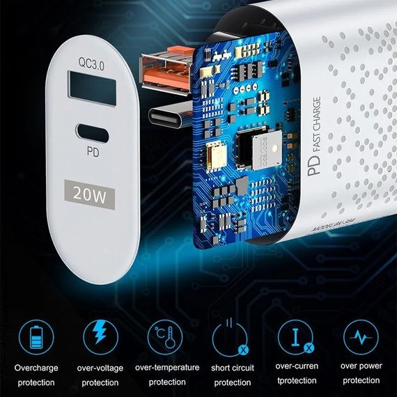 Сетевой адаптер pd 20w Type C и 1 USB зарядное устройство | Зображення 1