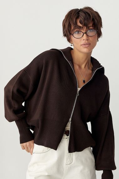 Трикотажний вільний кардиган на блискавці - темно-коричневий цвет, ONE SIZE (є розміри)