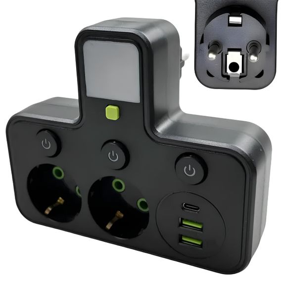 Мережевий фільтр з підсвіткою 2500 Вт, 2 розетки, 2xUSB + Type-C, HG-275, Чорний/розгалужувач у розетку / Мережевий трійник | Зображення 7