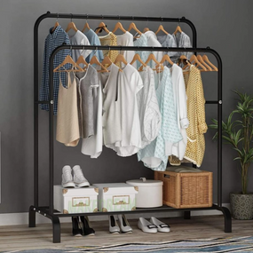 Подвійна стійка вішалка для одягу та взуття Loft Rack підлогова сталева з полицею Black