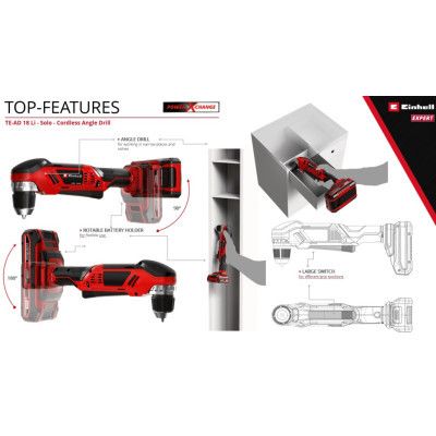 Дрель Einhell угловая TE-AD 18 Li - Solo PXC 18В, 1100 об/мин, 45Нм (без АКБ и ЗУ) (4514290) | Зображення 4