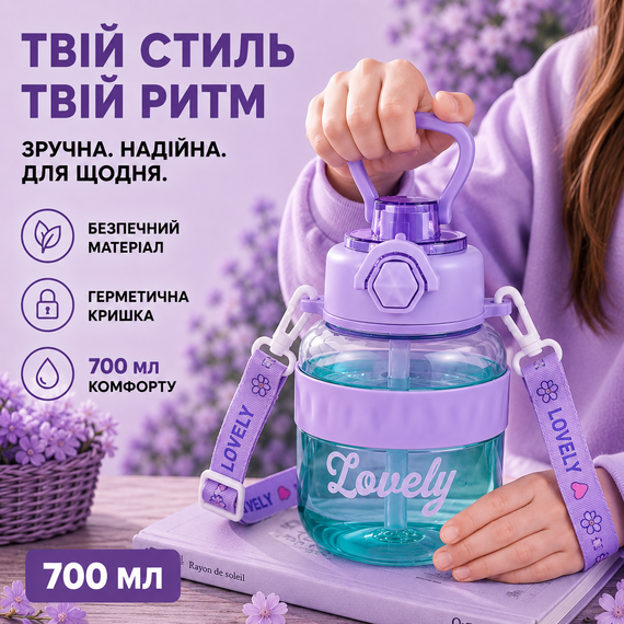 Бутылка для воды Lovely 700 мл с трубочкой и защитой от протечек, Фиолетовая (BPA Free) | Зображення 5