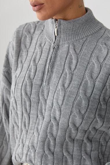 В'язаний светр в косички з блискавкою на горловині - сірий цвет, ONE SIZE (є розміри) | Зображення 3
