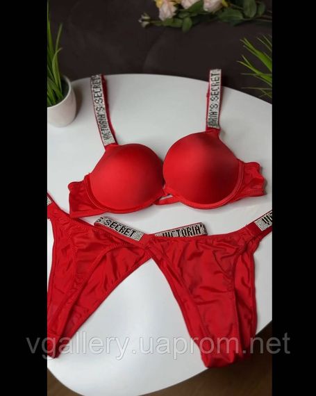 Комплект Трійка - Топ+Танга+Стрінги Victoria's Secret зі стразами, Жіночий купальник Вікторія Сікрет, Червоний, 80B
