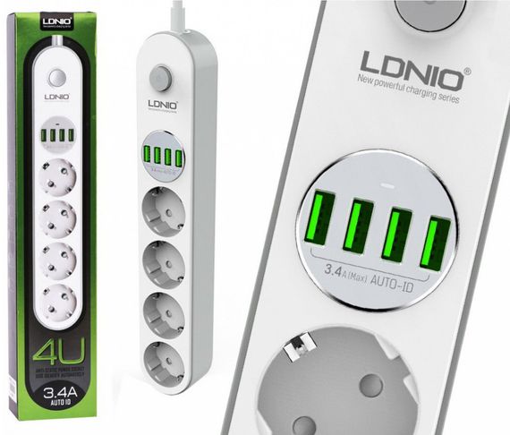 Сетевой фильтр удлинитель LDNIO SE4432 4 розетки 4 USB 2 м Белый