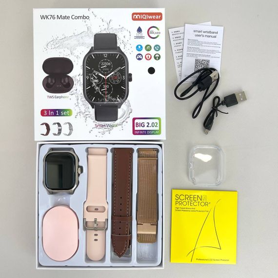 Комплект WK76 - Smart Watch / Навушники Air Dots / 3 ремінці / Захисний чохол та плівка (Рожевий) | Зображення 9