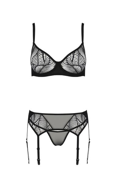 Комплект Passion LEAFA SET black S/M, мереживо+сітка, бюстгальтер на кісточках, стрінги, пояс для панчіх Sex Aura | Зображення 2