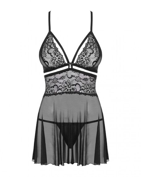 Еротичний мереживний комплект із сіточкою Obsessive 838-BAB-1babydoll & thong black, чорний, пен, S/M | Зображення 5