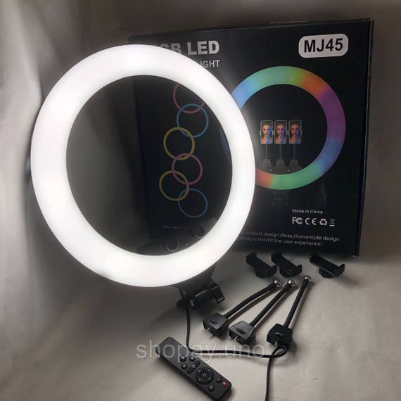 Кольцевая LED лампа RGB MJ45, 45 см, 5500 лм, 3 держателя, пульт, адаптер, 6500K | Зображення 9