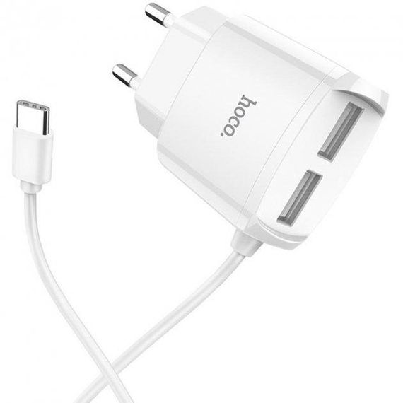 Мережевий зарядний пристрій Hoco 2хUSB із вбудованим кабелем Type-C White (C59A) | Зображення 3