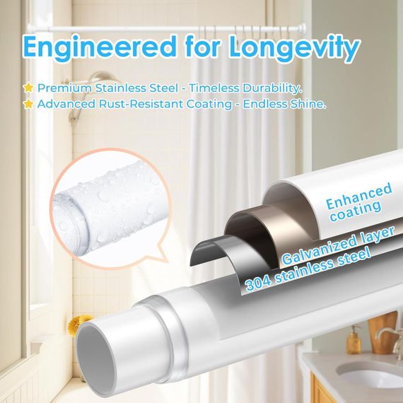 Телескопічна штанга для штори у ванну 100–185 см, розсувний карниз для душу без свердління, білий, для ванної, вікна, шафи | Зображення 5