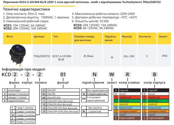 Переключатель KCD1-5-101WN BL/B 220V 1 кл синяя круглая влагозащищенная с подсветкой Ny95500722 | Зображення 1