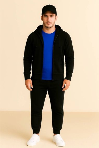 Костюм демісезонний (весна/осінь) з кепкою – худі на блискавці / zip hoodie + штани чорні + футболка синя