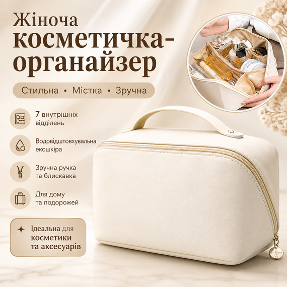 Біла жіноча косметичка AND XL-1010 для подорожей, місткий органайзер з екошкіри на блискавці із 7 відділеннями