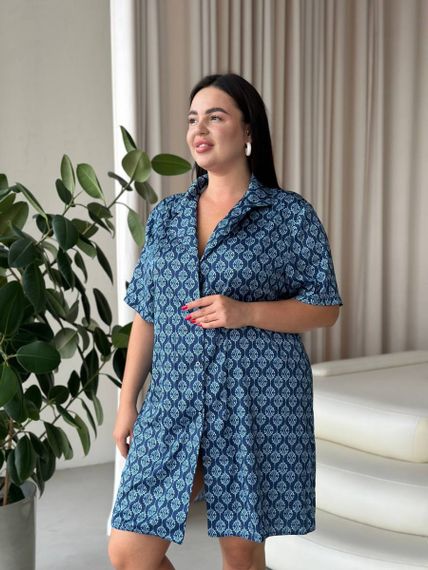 Шовкова синя сорочка на ґудзиках для дому PLUS SIZE | Зображення 3