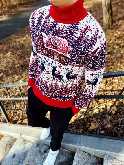 Мужской новогодний свитер Олени домик PA0001 цвет красный, размер M | Зображення 2