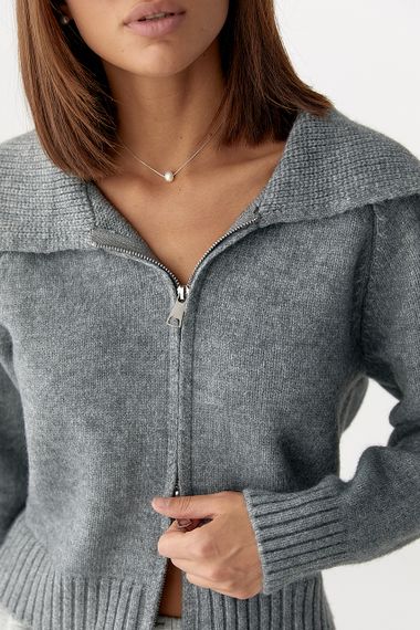 В'язаний укорочений жіночий кардиган на блискавці - сірий цвет, ONE SIZE (є розміри) | Зображення 3