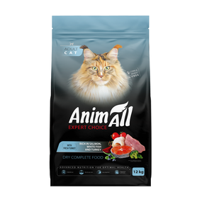 AnimAll Повнораціонний сухий корм для котів з лососем, білою рибою та свіжою індичкою, 12 кг