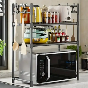Багатофункціональна полиця для мікрохвильовки Чорна 59.5 × 50 × 33 см, для кухонного приладдя, баночок із приправами