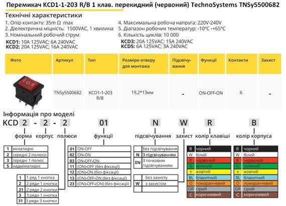 Перемикач KCD1-1-203 R/B 1 клавіша перекидний червоний Ny95500682 | Зображення 1