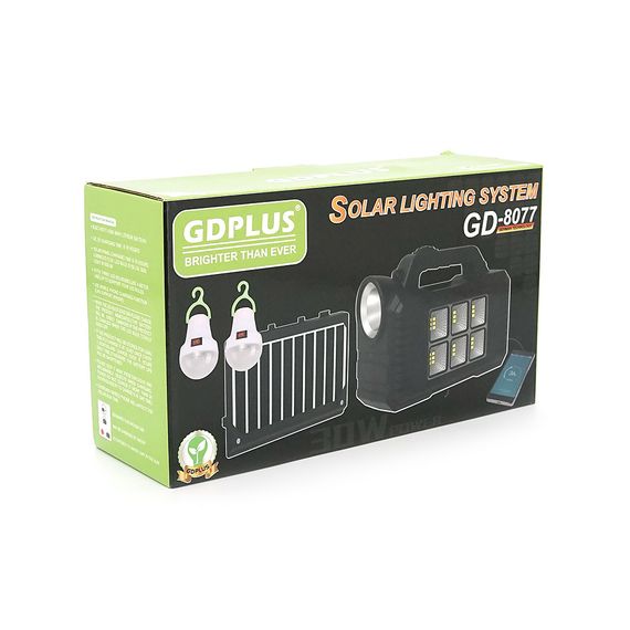 Переносний ліхтар GD-8077+ Solar, 1+1 режим, вбудований акум, 3 лампочки 3W, USB вихід, Black, Box | Зображення 1