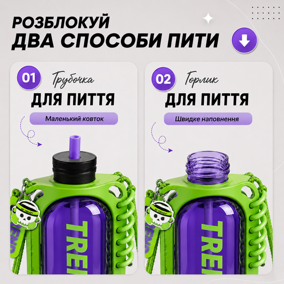 Бутылка для воды TREND 780 мл зеленая с силиконовым чехлом, соломинкой и ремешком | Зображення 2